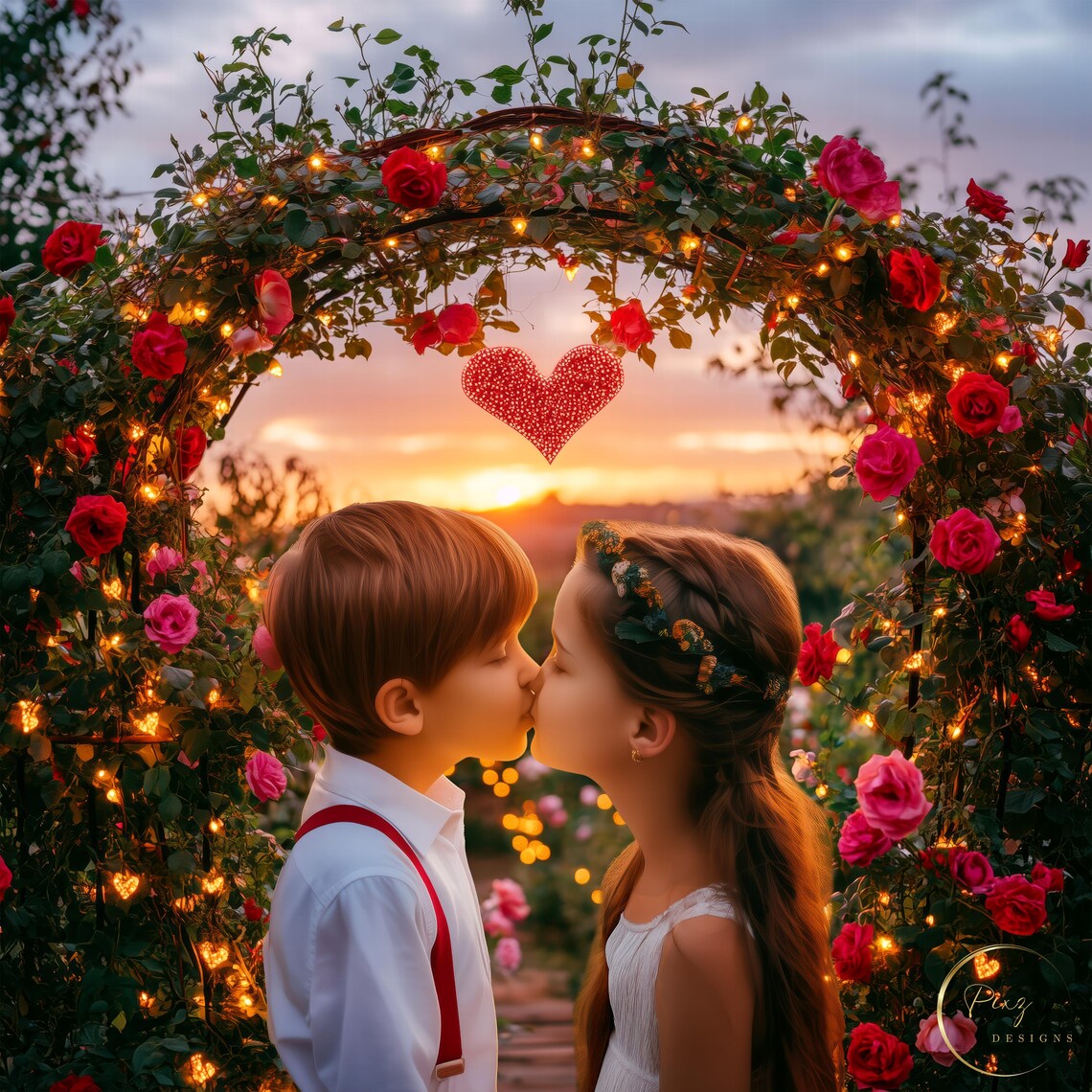 Rose Garden Arch Kids Kiss At Sunset Heart Lights Romance Backdrop