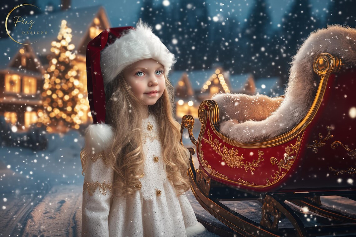 Christmas Sleigh Scene Santa Hat Girl In Snow Village Backdrop Poster