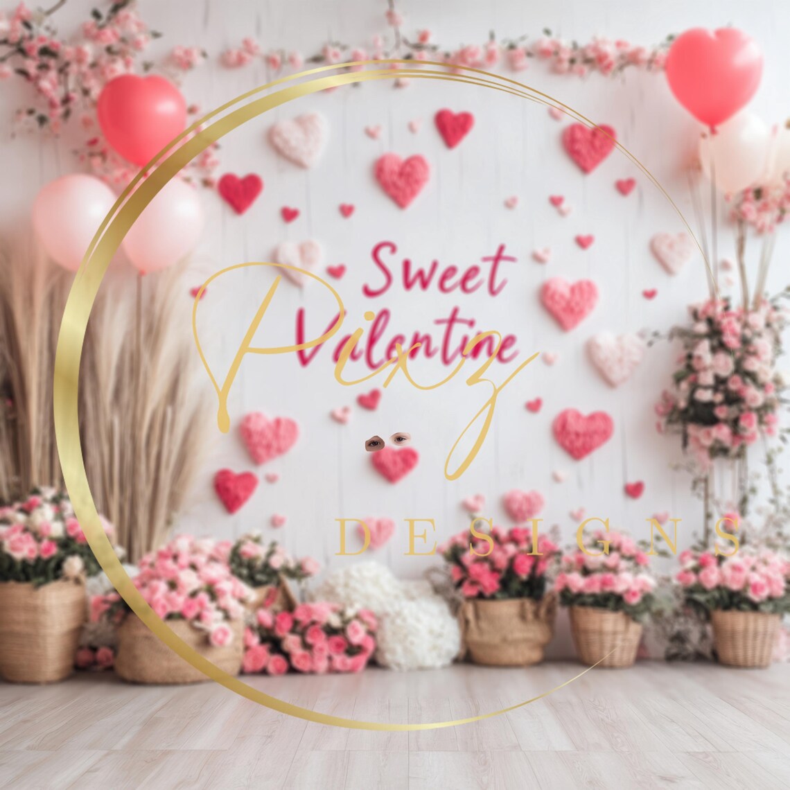 Valentines Day Romantic Backdrop, Heart Flowers Balloons - Image 2