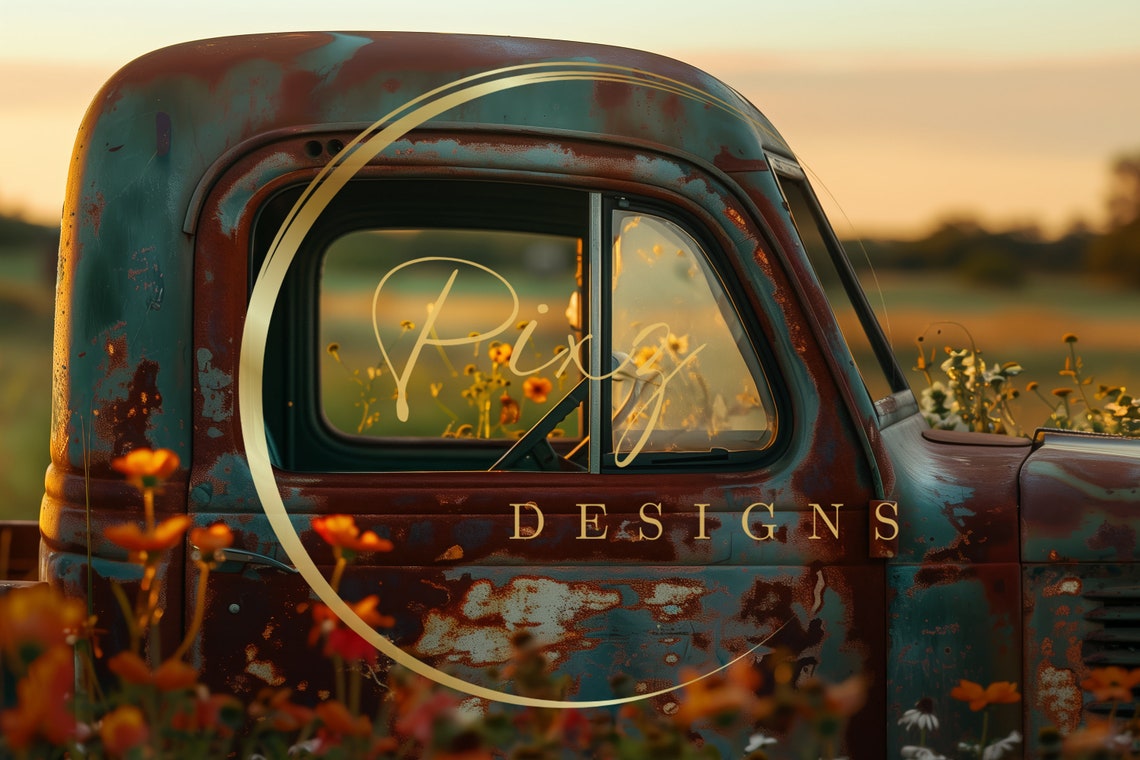 Rusty Vintage Truck Boy In Hat Sunset Wildflower Field Scene Poster - Image 2