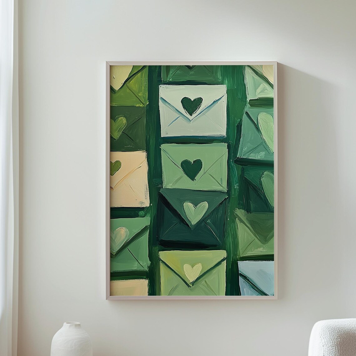 Green Heart Envelopes Love Letter Romantic Abstract Painting Poster