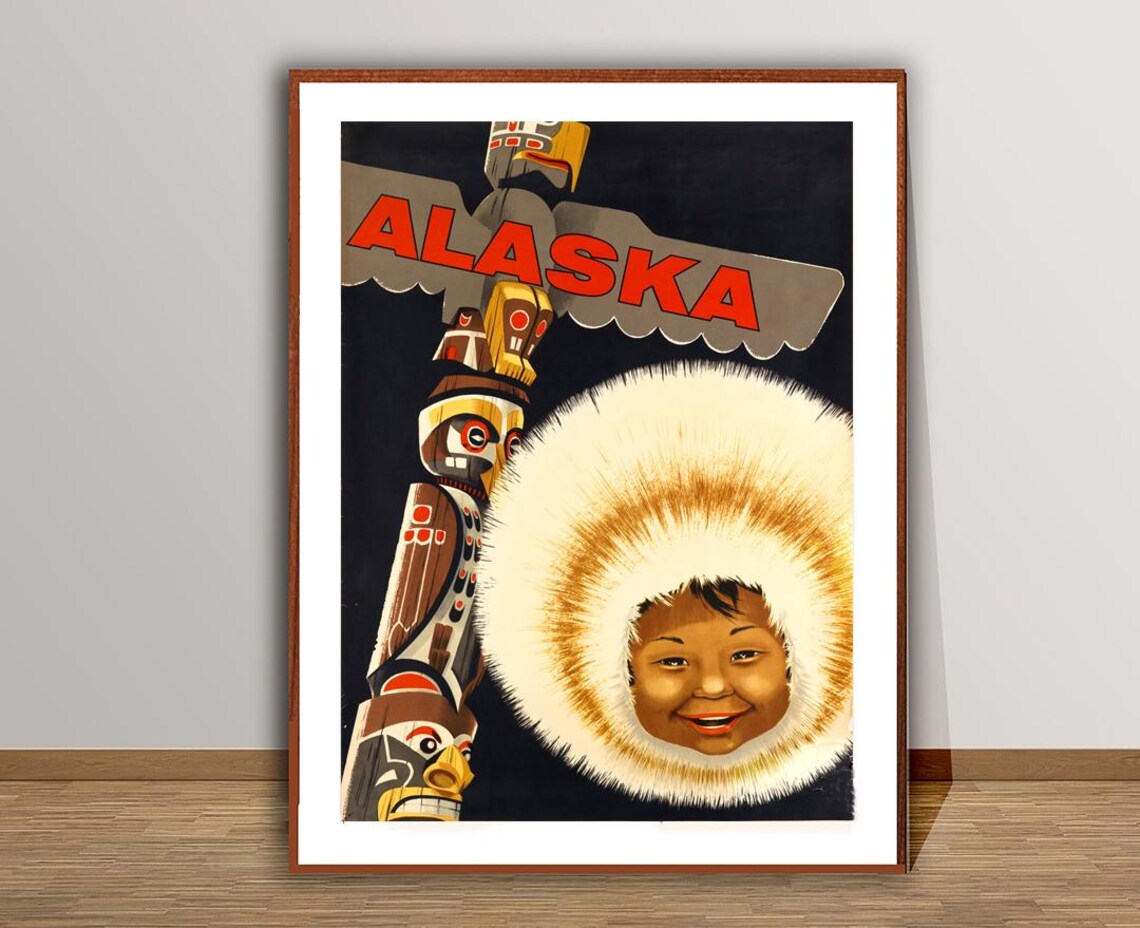 Alaska Totem Pole Fur Hood Child Retro Arctic Vintage Travel Poster