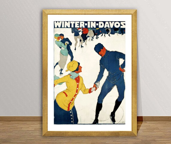Winter in Davos Swiss Alps Vintage Ice Skating Couple Poster