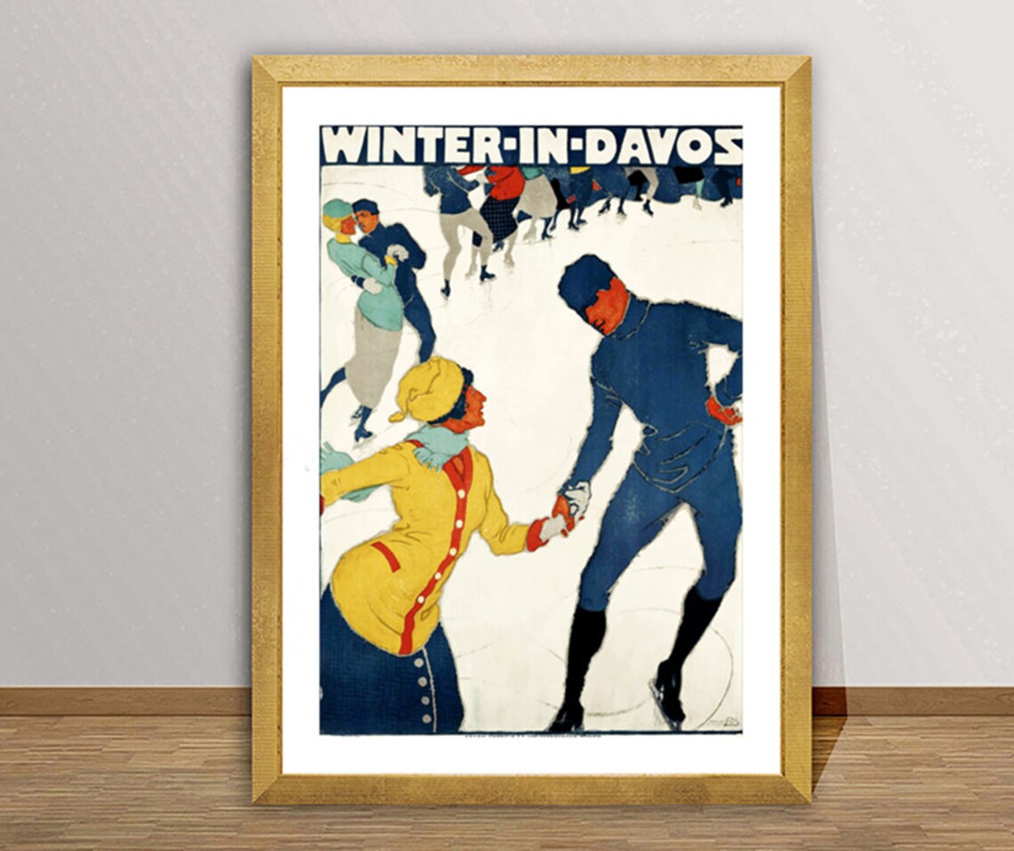 Winter in Davos Swiss Alps Vintage Ice Skating Couple Poster