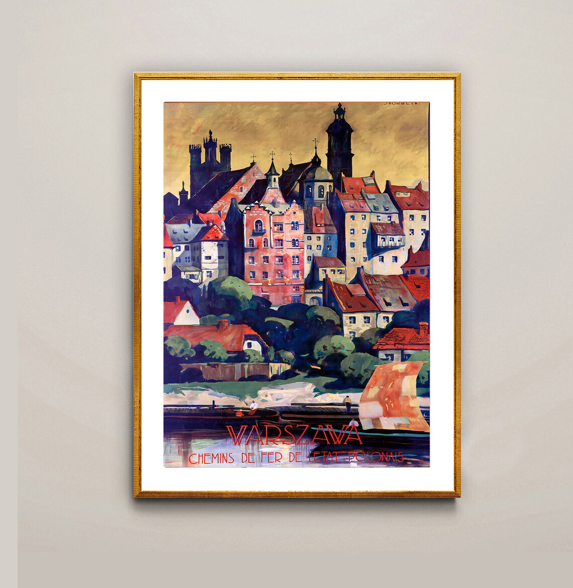 Warszawa Old Town River Polish State Railways Vintage Travel Poster