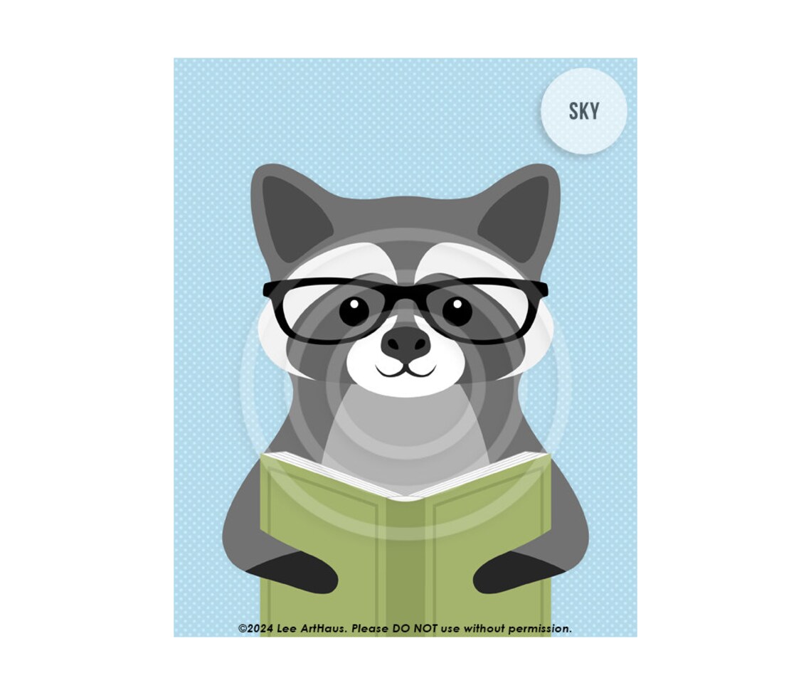Cute Raccoon Reading Book With Glasses Green Forest Kids Room Decor Poster - Image 3