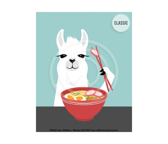 White Llama Eating Ramen Noodle Bowl Chopsticks Fun Kitchen Decor Poster