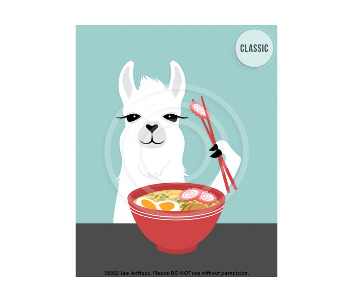 White Llama Eating Ramen Noodle Bowl Chopsticks Fun Kitchen Decor Poster