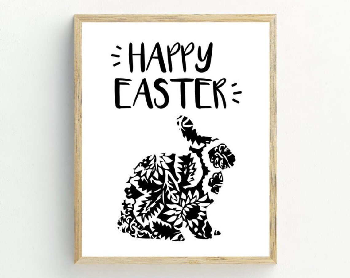 Happy Easter Floral Bunny Silhouette Art Print Black And White Spring Wall Decor