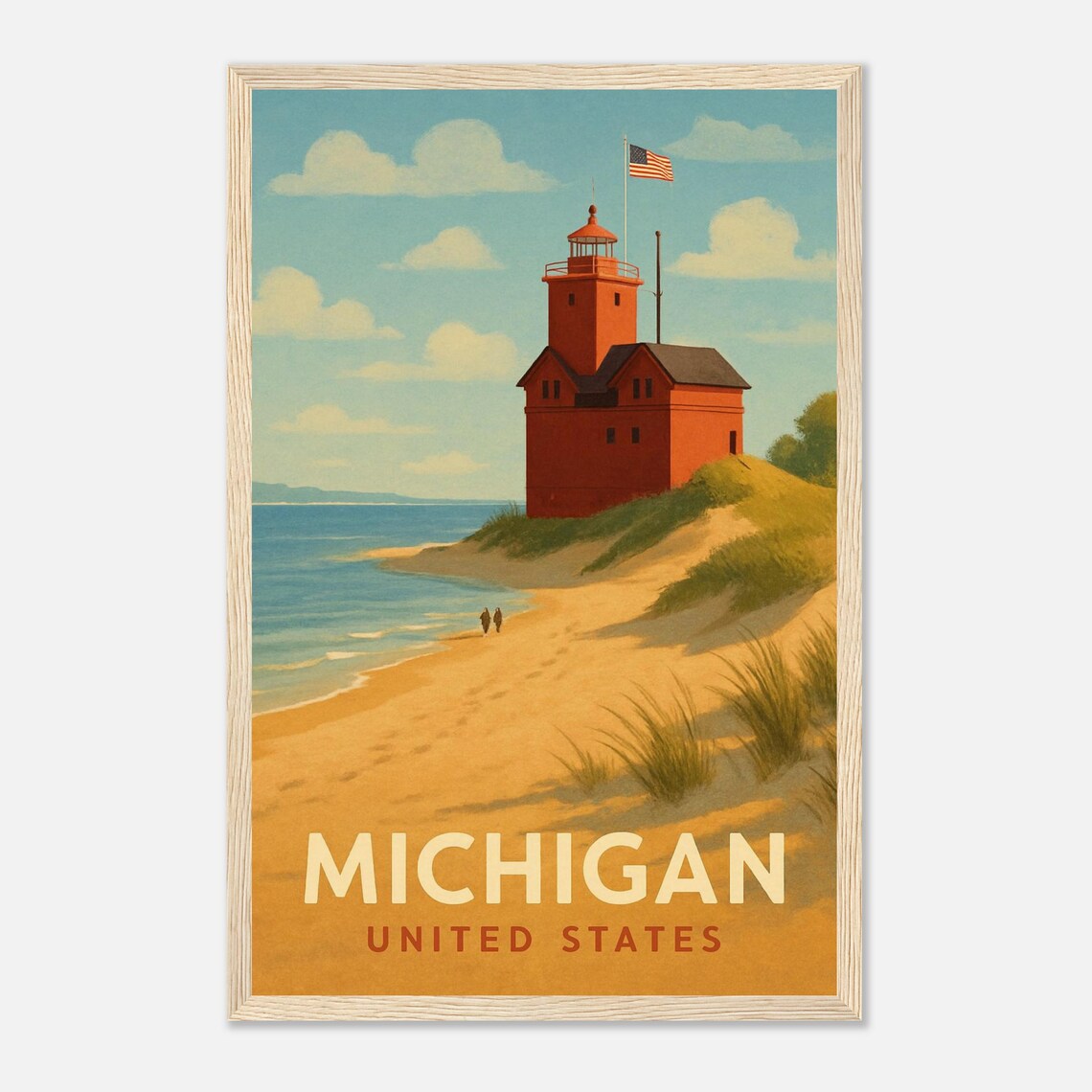 Michigan Red Lighthouse Beach Great Lakes Vintage Travel Poster