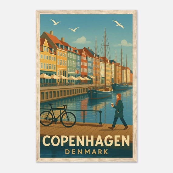 Copenhagen Travel Poster Nyhavn Canal Wall Art Print Denmark Illustration Vintage Europe Decor Retro Danish Cityscape