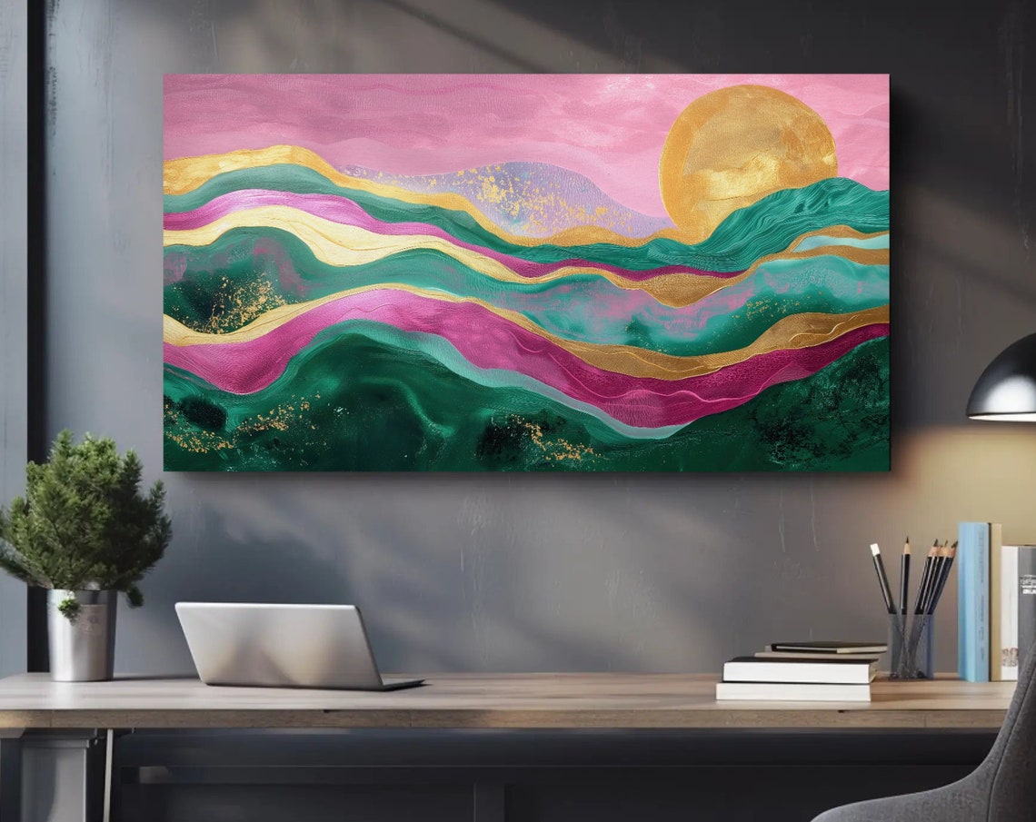 Vibrant Abstract Mountain Sunset Pink Teal Gold Waves Poster