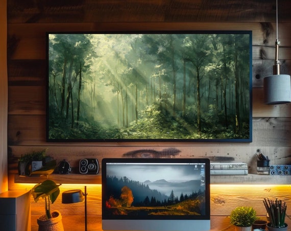 Green Forest With Crepuscular Rays Painting Framed Print Nature Wall Art Green Wall Decor For Living Room Bedroom And Office