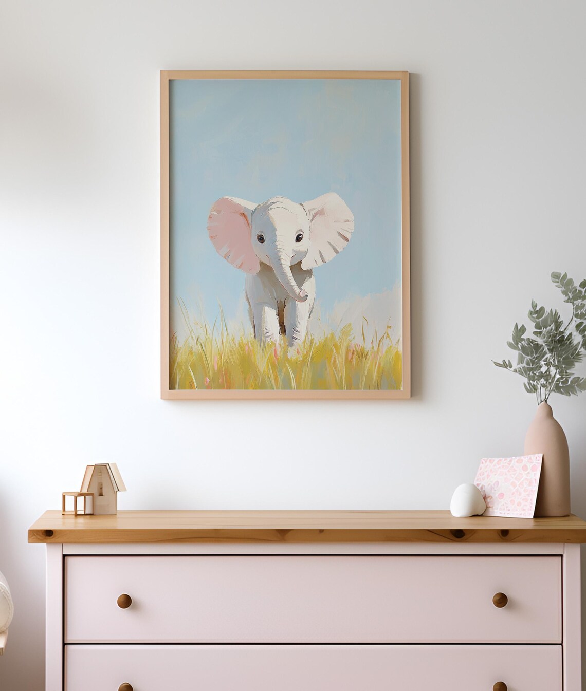 Cute Baby Elephant Walking In Golden Grass Pastel Art Poster - Image 2