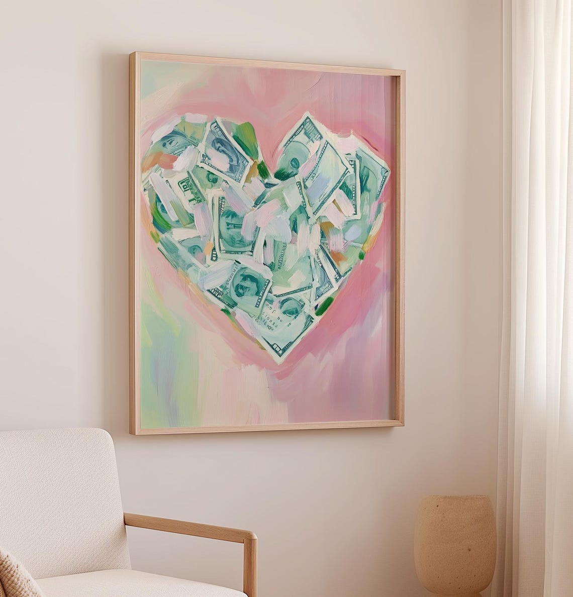 Heart Made Of Scattered Dollar Bills On Pastel Pink Background Poster - Image 2