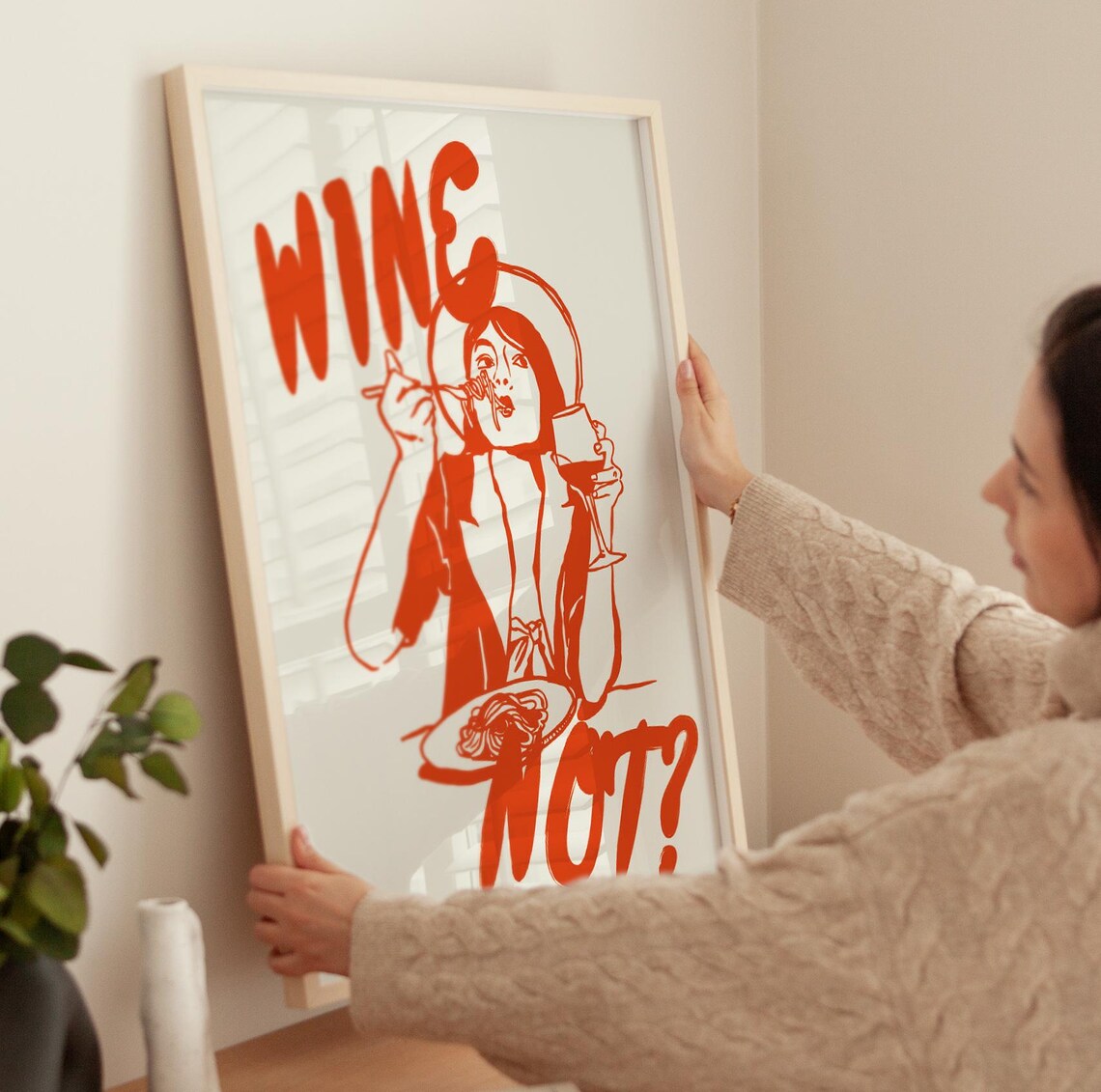 Wine Not Print Woman Eating Spaghetti Poster Retro Funny Kitchen Wall Art - Image 4