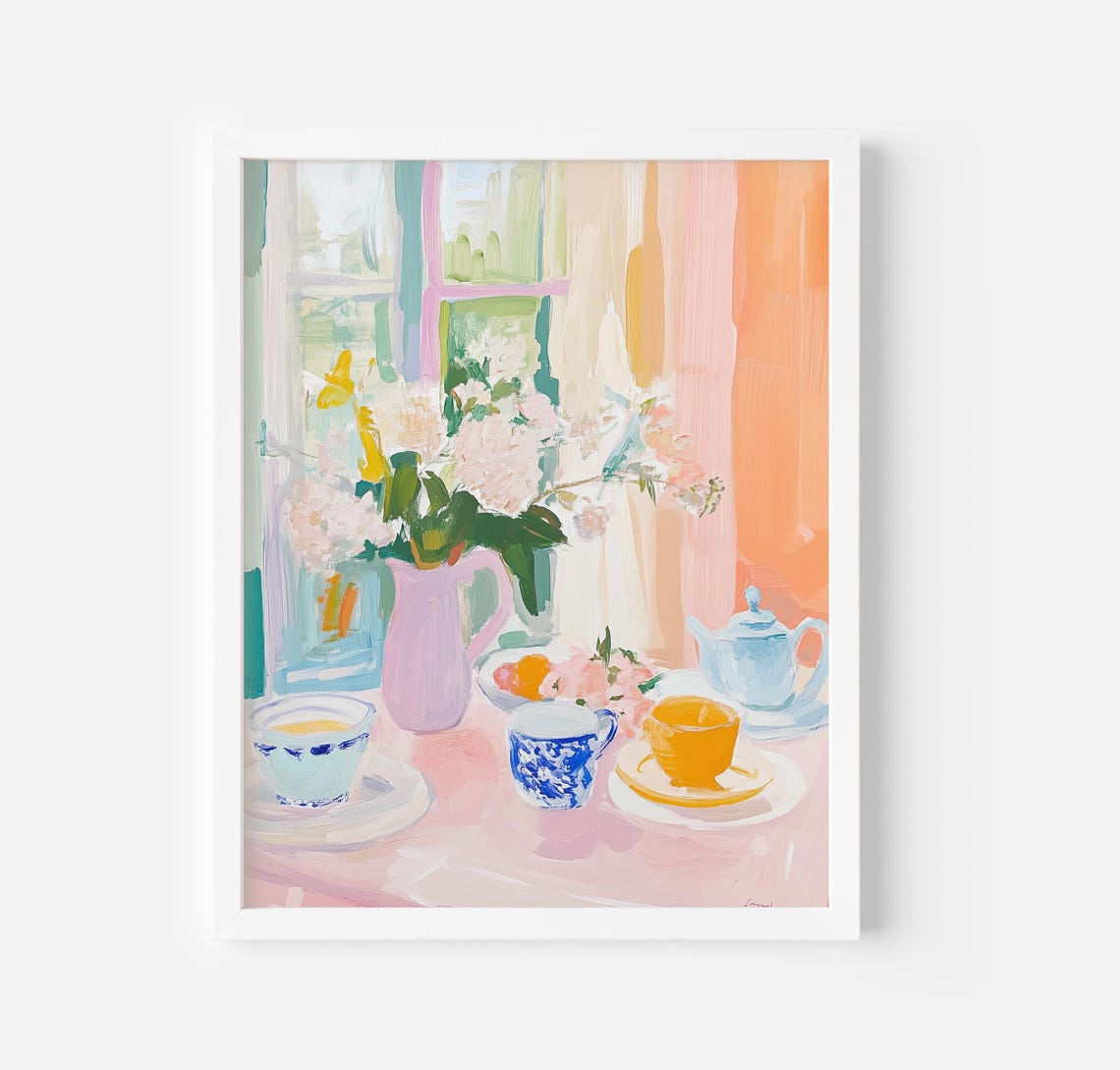 Cozy Floral Breakfast Table Tea Cups Pastel Still Life Poster