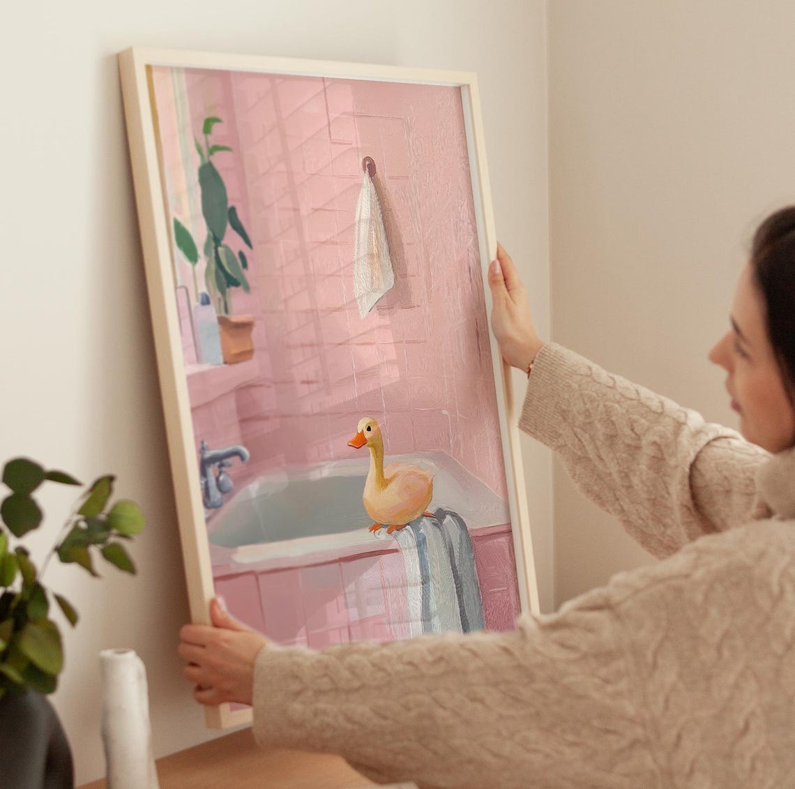 Cute Duck Sitting on Pink Bathtub Edge Funny Bathroom Art Poster - Image 3