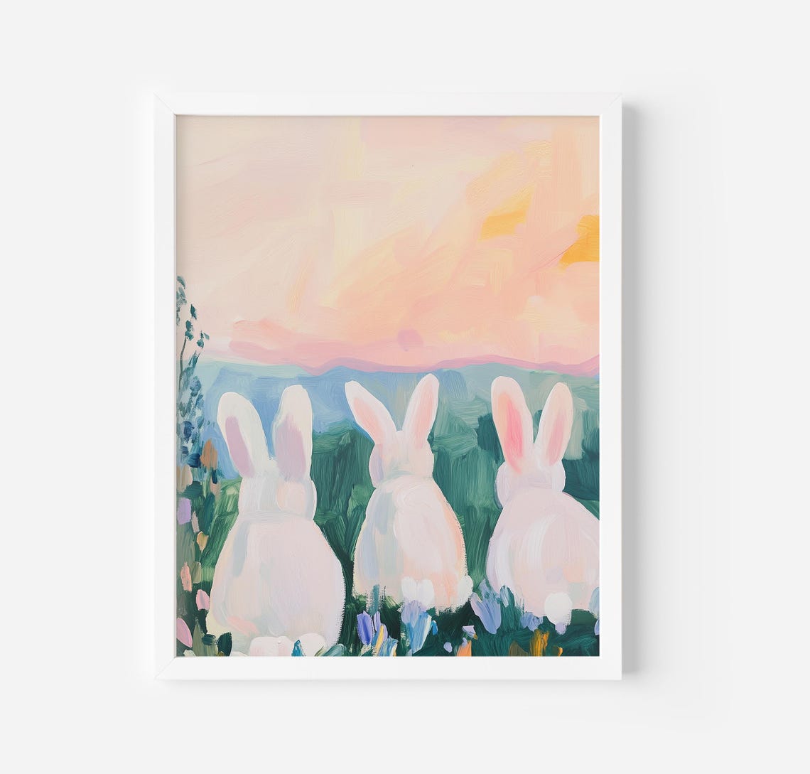 Three White Bunnies Watching Pink Sunset Meadow Spring Art Poster