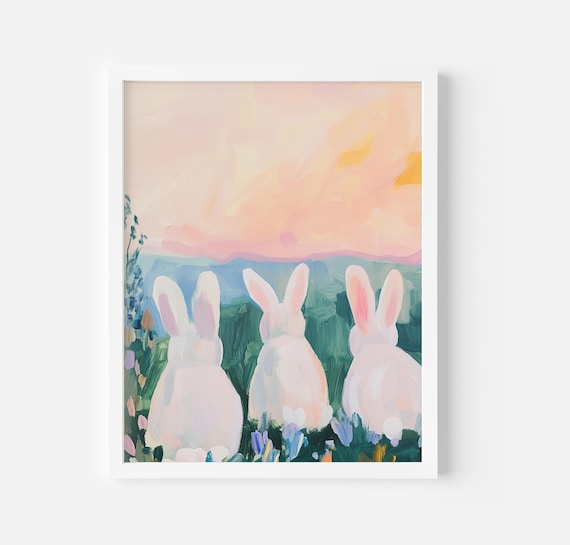Three White Bunnies Watching Pink Sunset Meadow Spring Art Poster