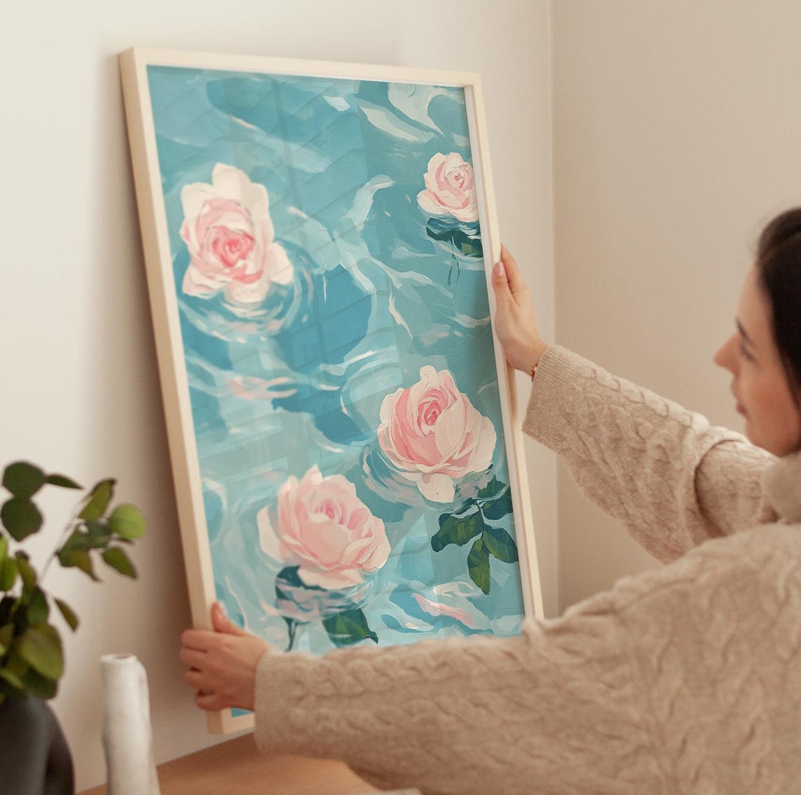 Pink Roses Floating On Turquoise Water Ethereal Floral Art Poster