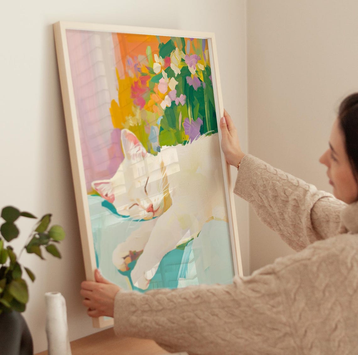Sleeping White Kitten Pastel Floral Acrylic Cat Painting Poster - Image 3