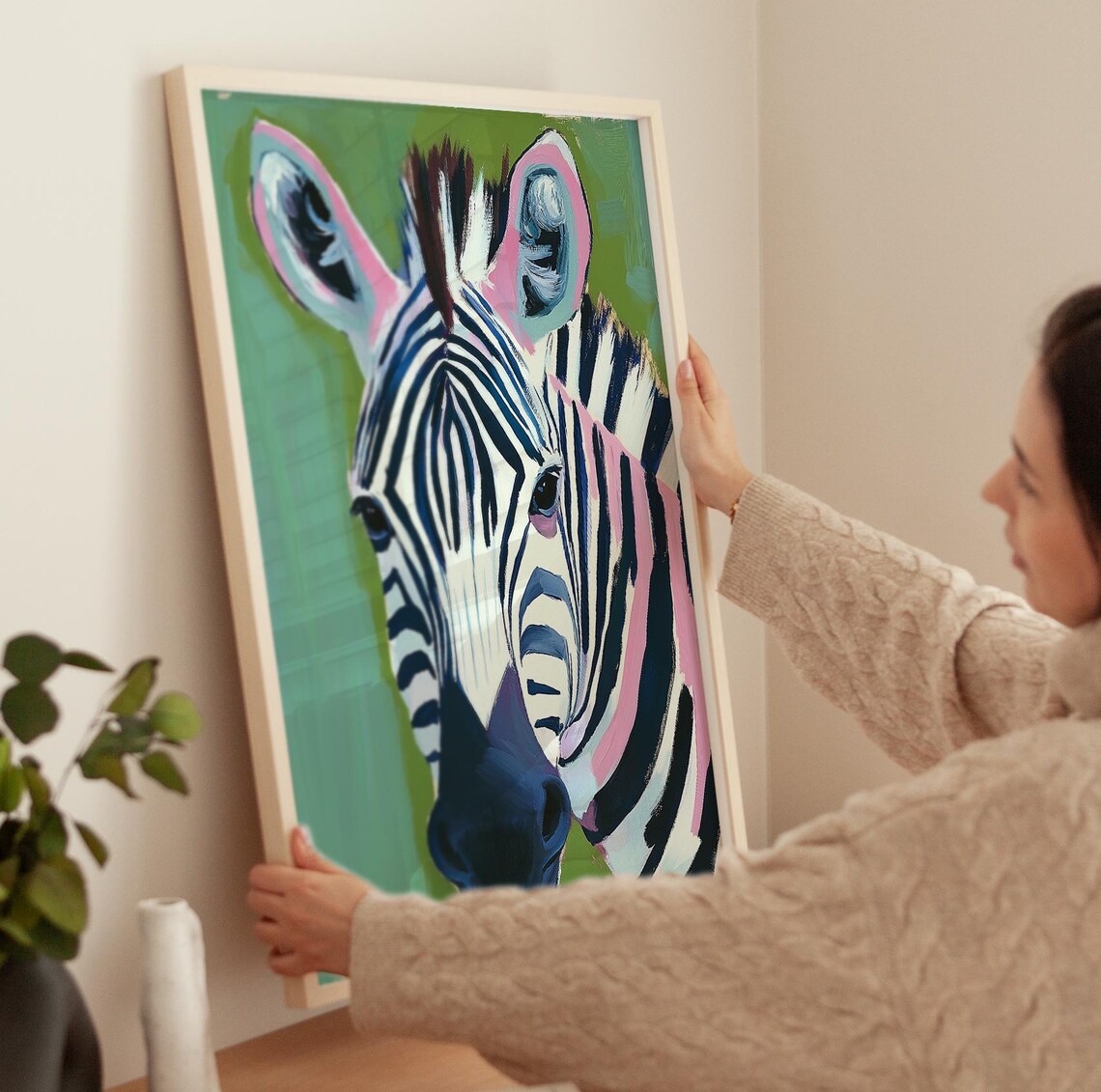 Bold Zebra Portrait Pink and Teal Accents Modern Playful Safari Wall Poster - Image 4