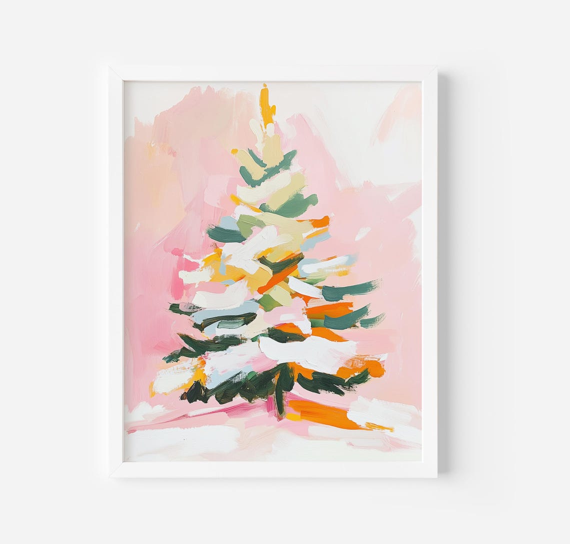 Modern Abstract Christmas Tree Pink Green Brushstroke Art Poster