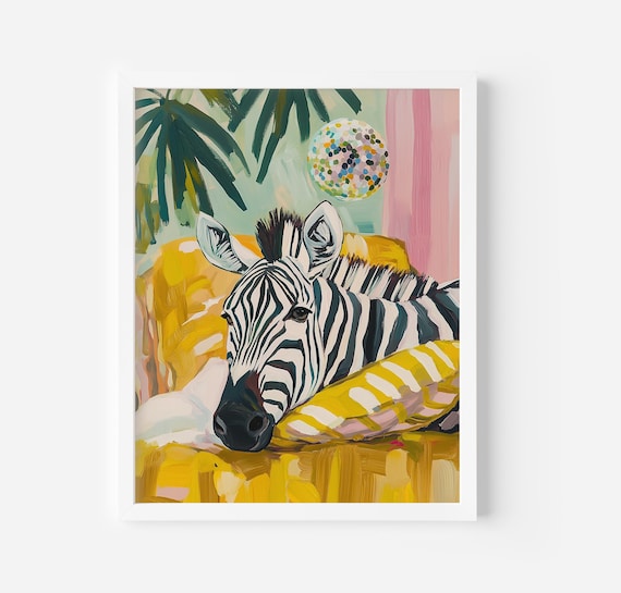 Sleepy Zebra Resting on Yellow Pillow Tropical Bedroom Cozy Safari Poster
