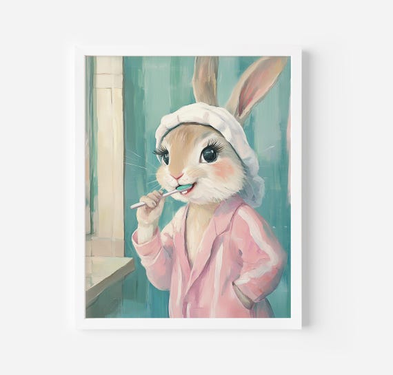 Bathroom Wall Art Cute Bunny Vintage Print Pink Bathroom Painting Bathroom Girly Art Preppy Decor Rabbit Art
