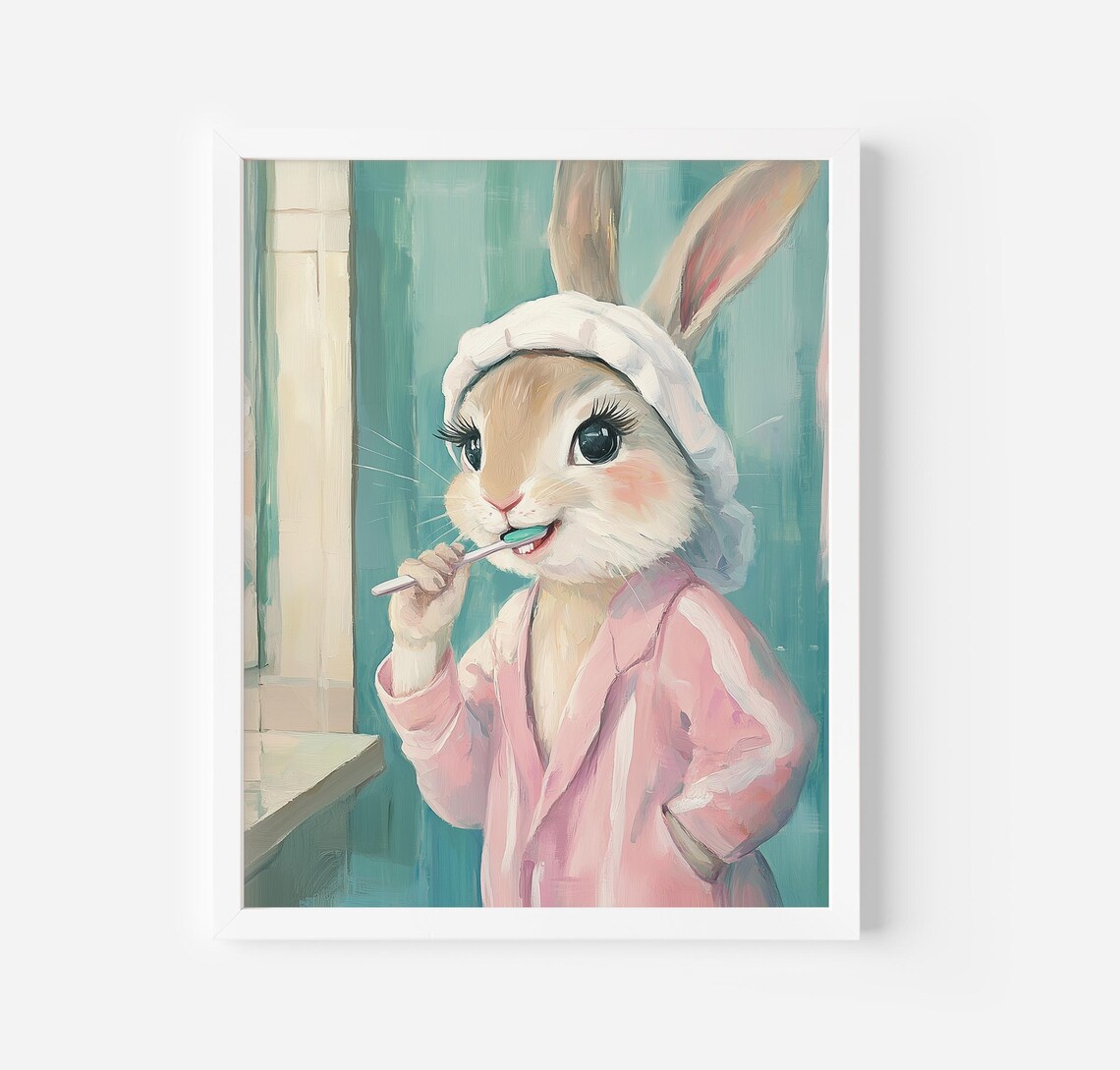 Cute Bunny Brushing Teeth Pink Bathrobe Adorable Bathroom Animal Poster