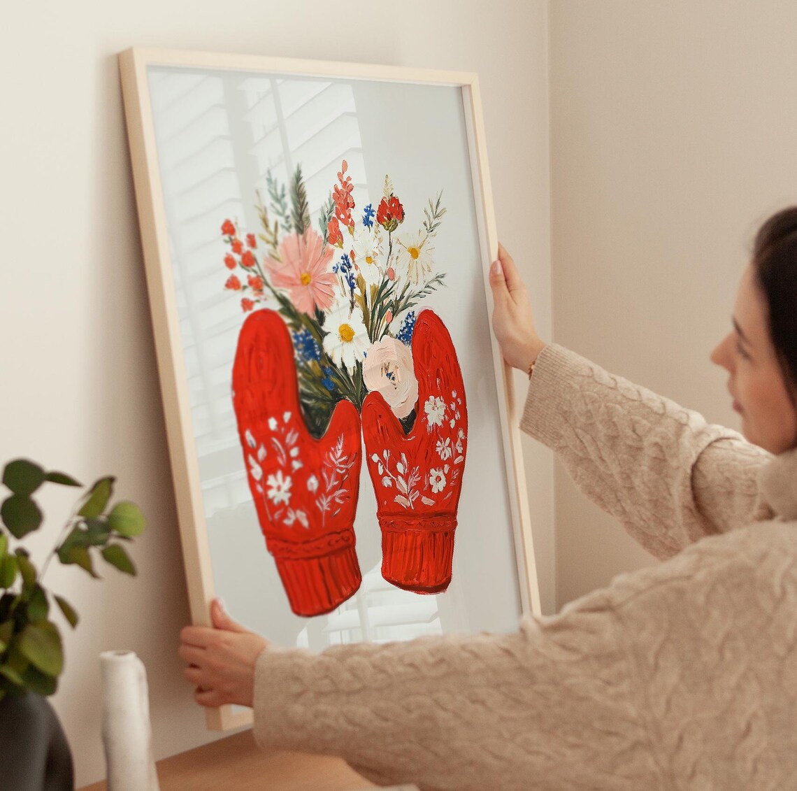 Cozy Red Knit Mittens Fresh Wildflower Bouquet Winter Art Poster - Image 3