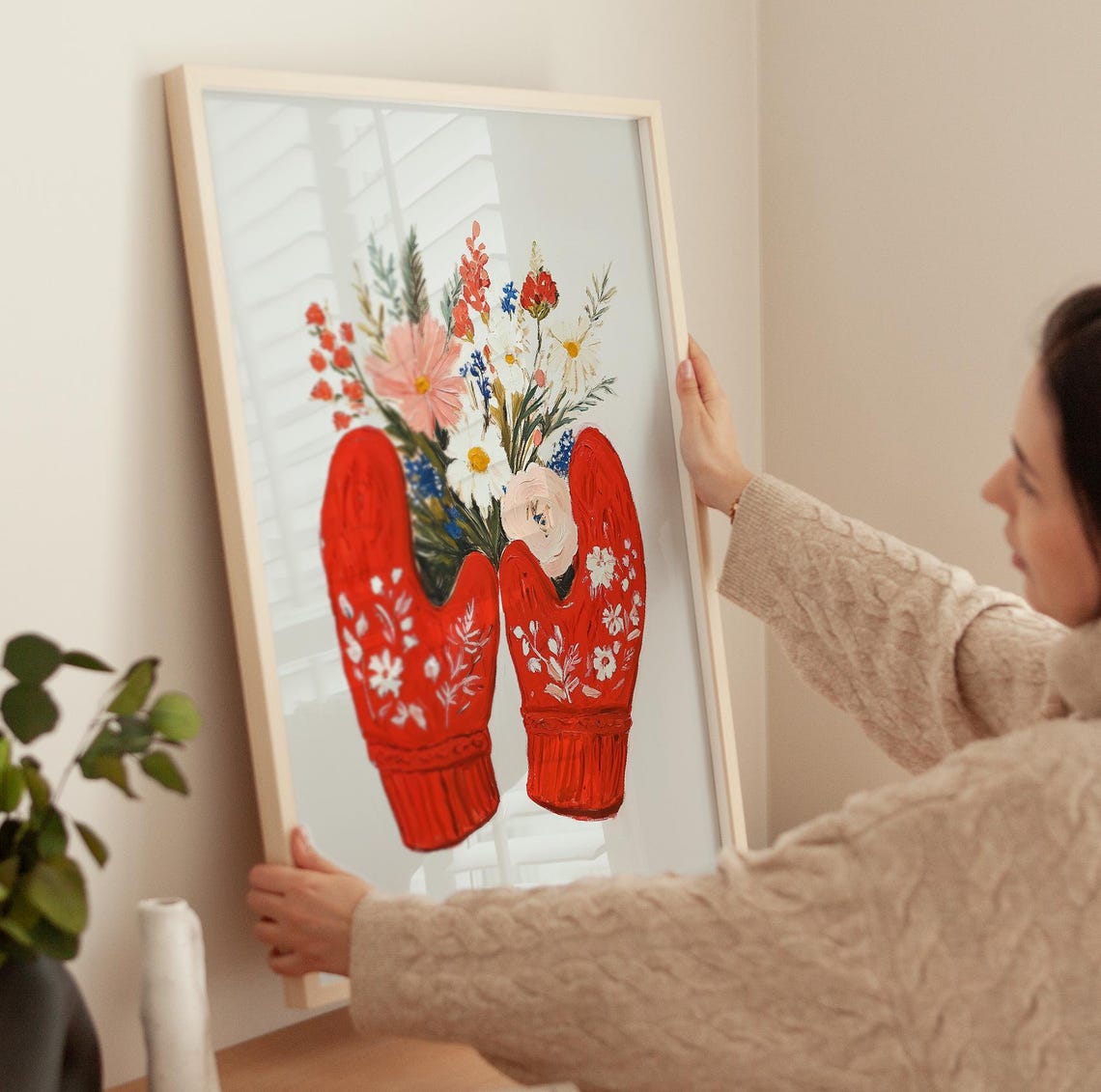 Red Christmas Mittens Print Holiday Season Gallery Cozy Snowy Art Antique Winter Gloves Farmhouse Home Decor Floral Winter - Image 3