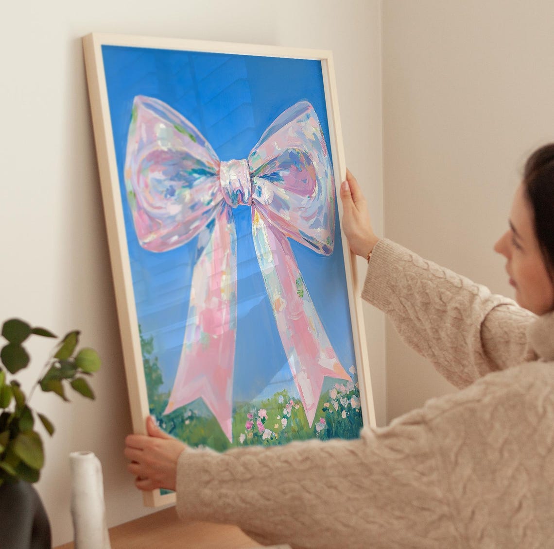 Giant Iridescent Pink Bow Over Flower Meadow Blue Sky Art Poster - Image 4