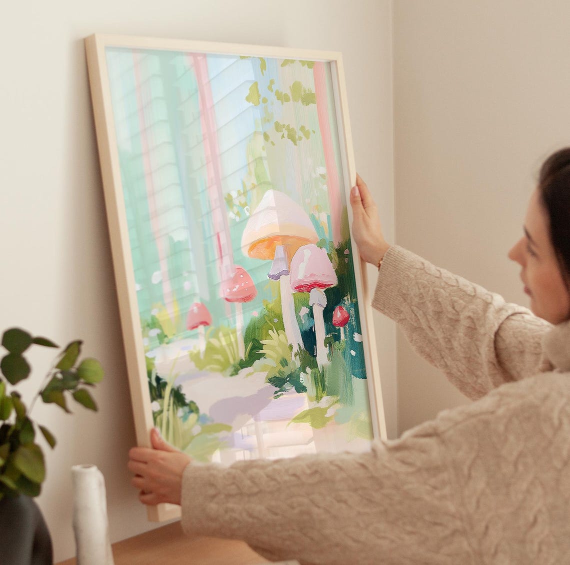 Mushroom Forest Pastel Whimsical Woodland Dreamy Painting Poster - Image 3