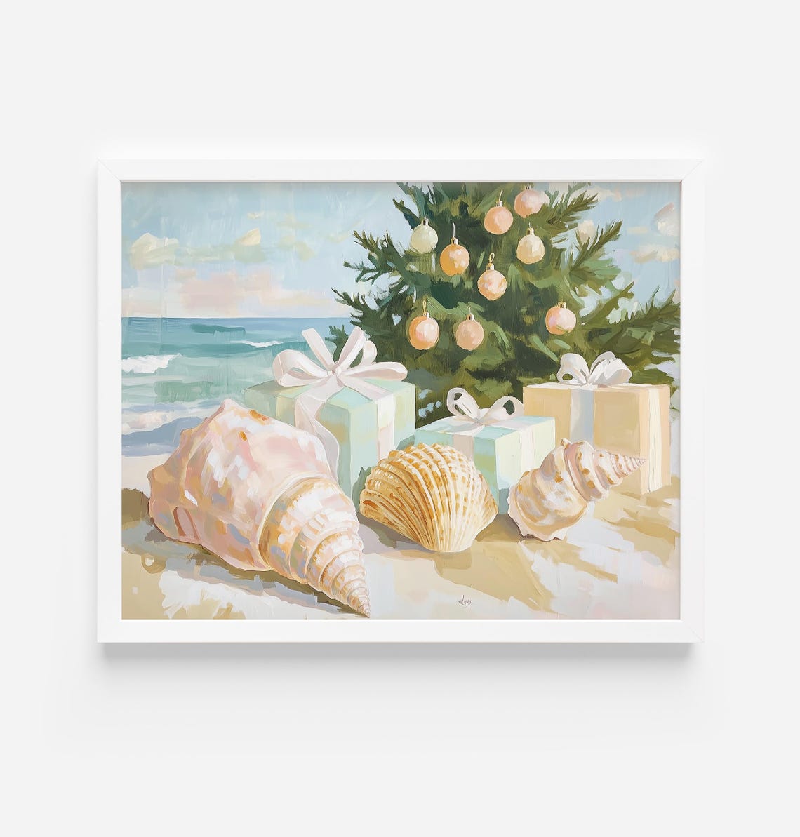 Beach Christmas Tree Seashells Sandy Coastal Holiday Art Poster
