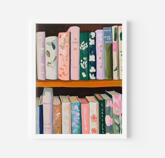 Book Shelf Art Print Floral Library Decor Book Lovers Wall Art Instant Art Modern Still Live Painting Book Nook Reading Decor