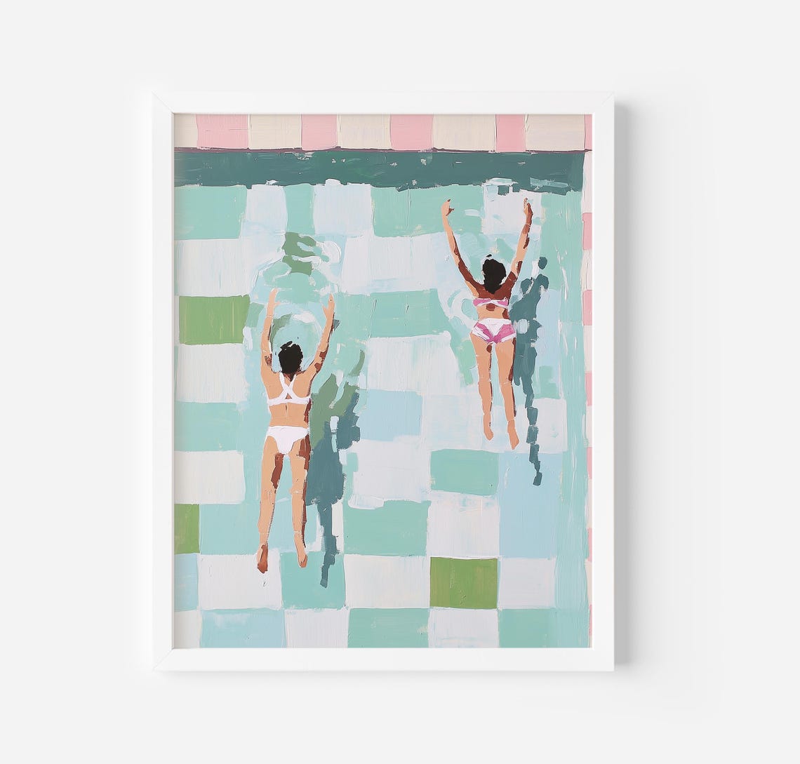 Two Women Floating In Pastel Pool Summer Retro Pool Art Poster