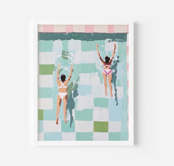 Two Women Floating In Pastel Pool Summer Retro Pool Art Poster