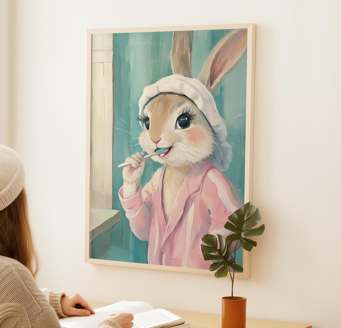 Cute Bunny Brushing Teeth Pink Bathrobe Adorable Bathroom Animal Poster - Image 2