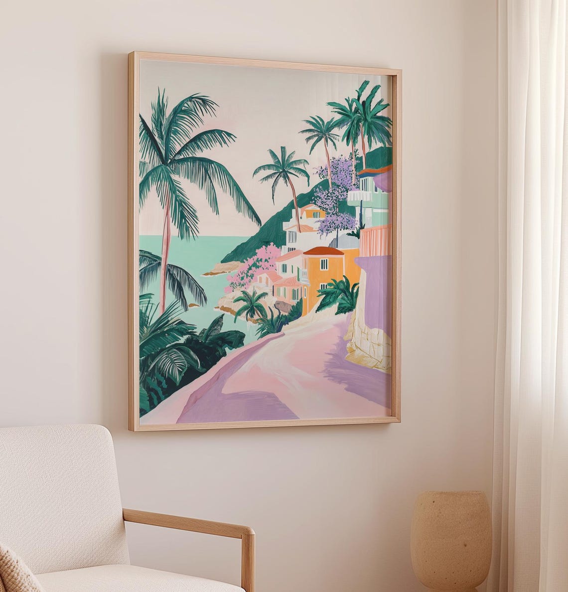 Mediterranean Coastal Village Pastel Palm Trees Seaside View Wall Art - Image 3