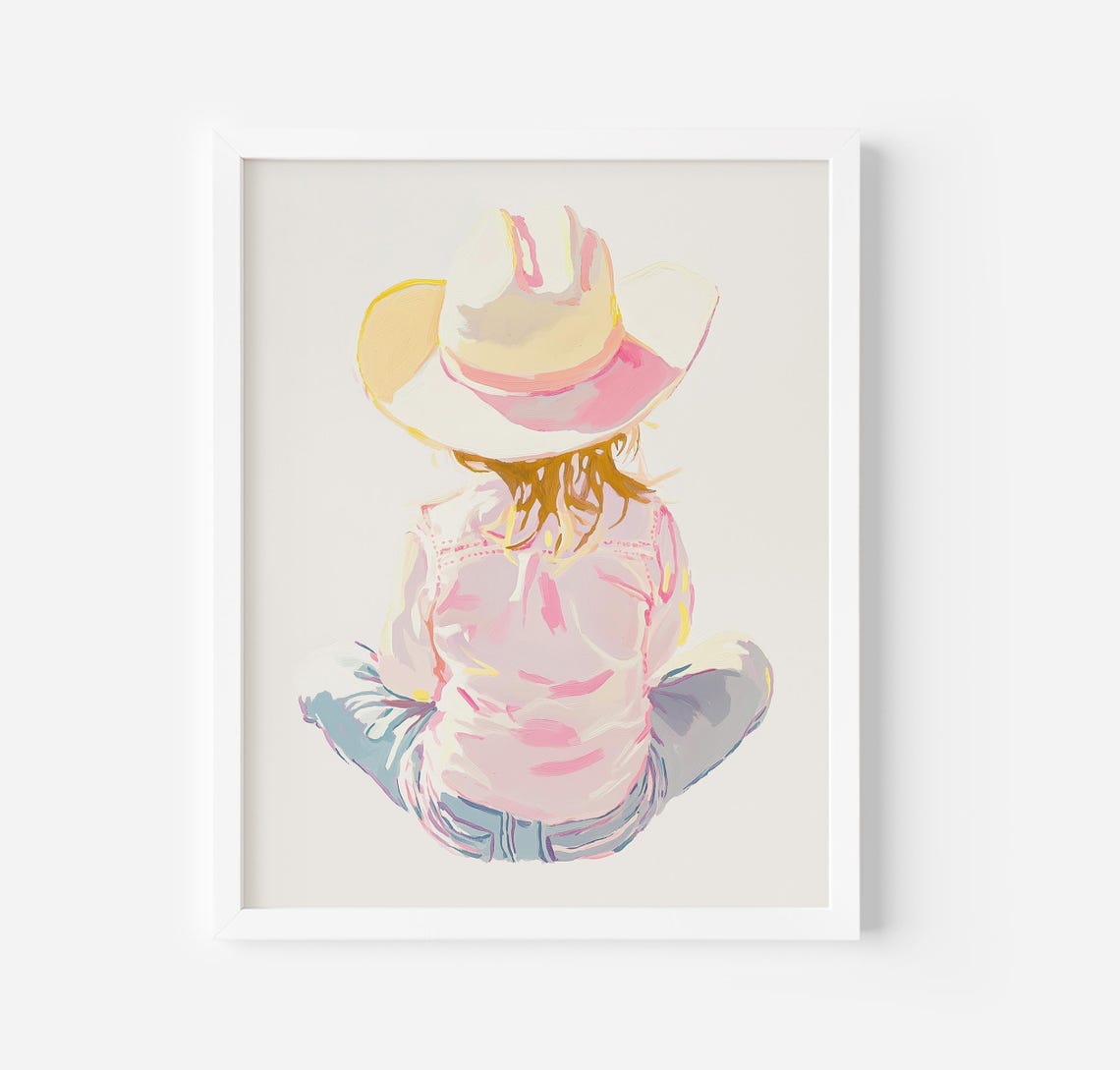Cowgirl Painting Girl Wearing Cowgirl Hat Print Western Wall Art Girly Farmhouse Decor Western Nursery Decor Pink Cowgirl Art