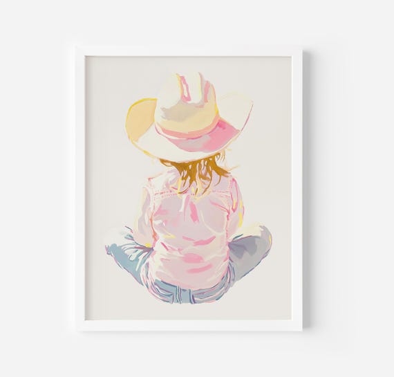 Cowgirl Painting Girl Wearing Cowgirl Hat Print Western Wall Art Girly Farmhouse Decor Western Nursery Decor Pink Cowgirl Art