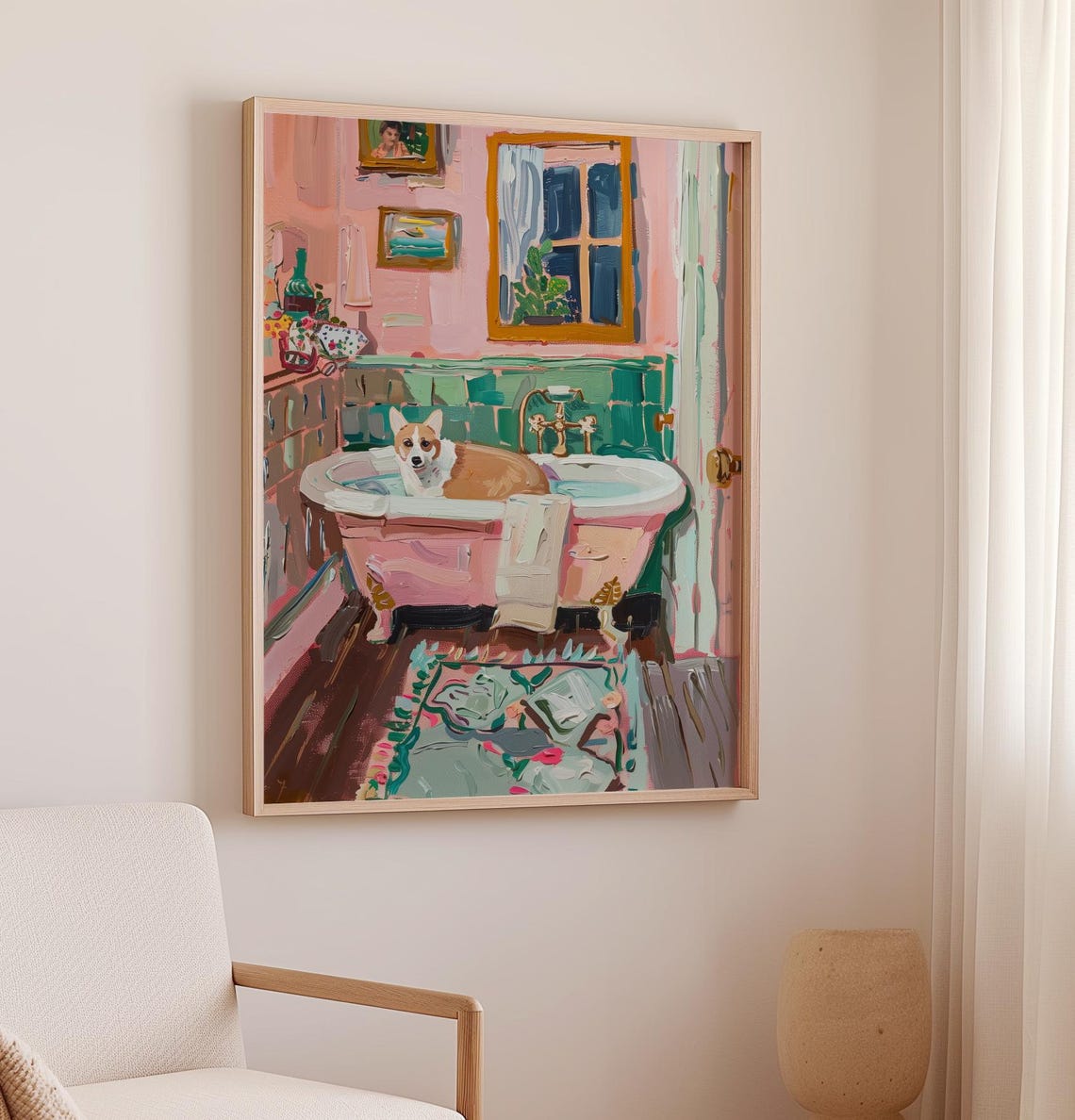 Corgi Soaking In Bathtub Pink Bathroom Funny Dog Painting Poster - Image 2