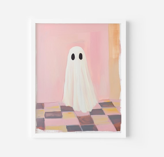 Ghost Wall Art Print Pink Halloween Trendy Art Coquette Aesthetic Cute Ghost Girls Room Decor Soft Colours Acrylic Painting