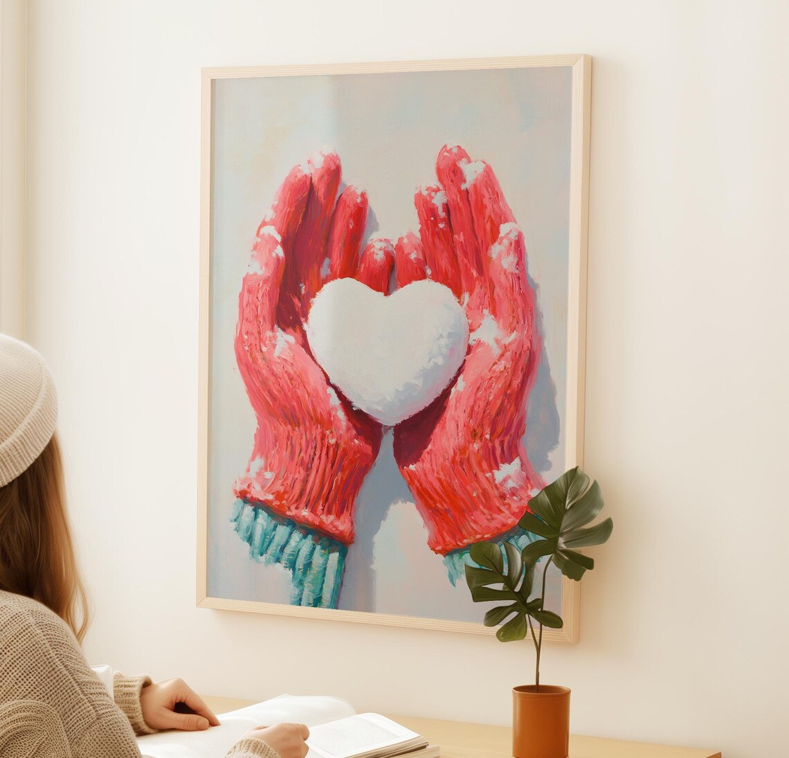 Red Mittens Holding A Heart Shaped Snowball Winter Scene Poster - Image 2