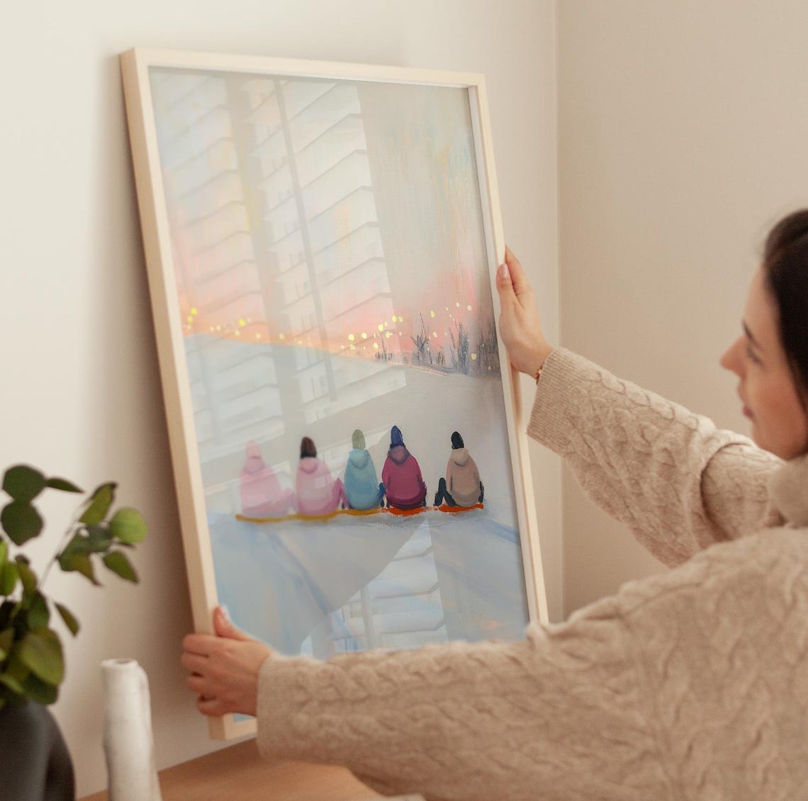 Winter Sunset Sledding Friends Snowy Landscape Holiday Poster