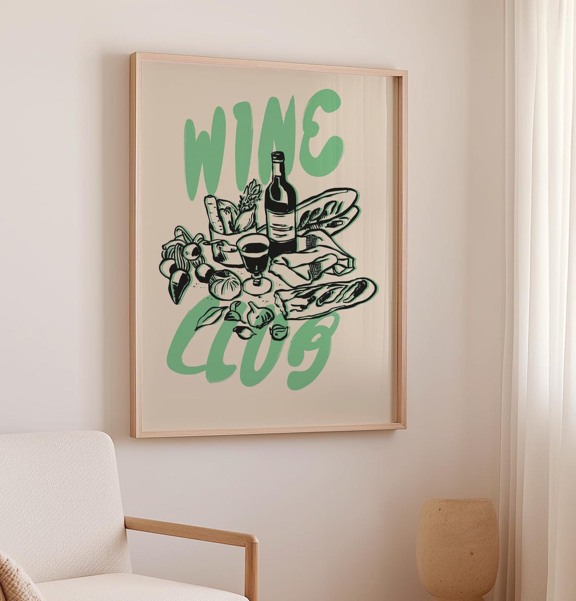 Wine Club Picnic Feast Green Retro Lettering Wine Bottle Art Poster - Image 3