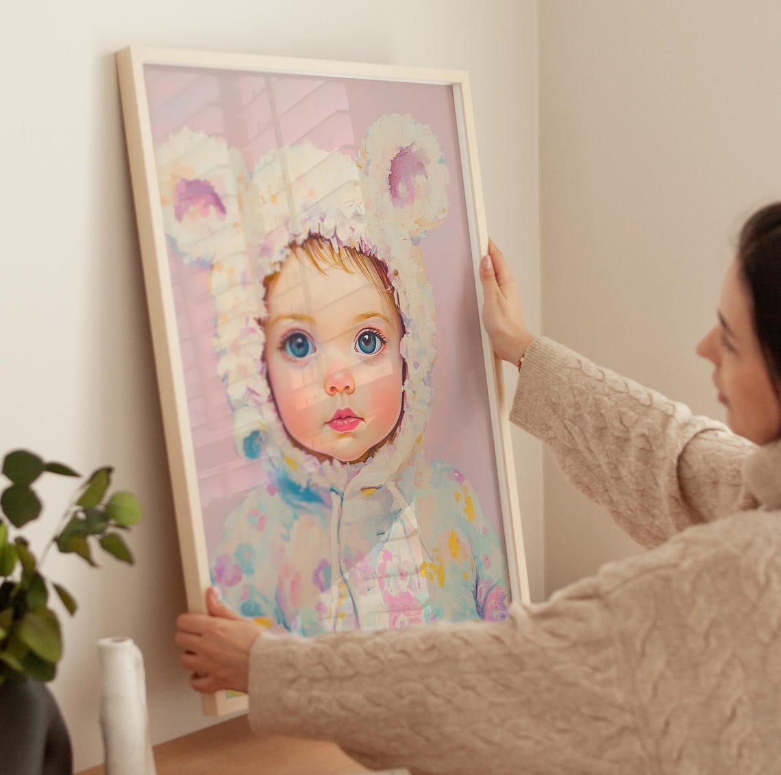 Cute Baby Painting Girl Nursery Wall Art Baby Bear Costume Trendy Art Art Toddler Room Wall Art - Image 3