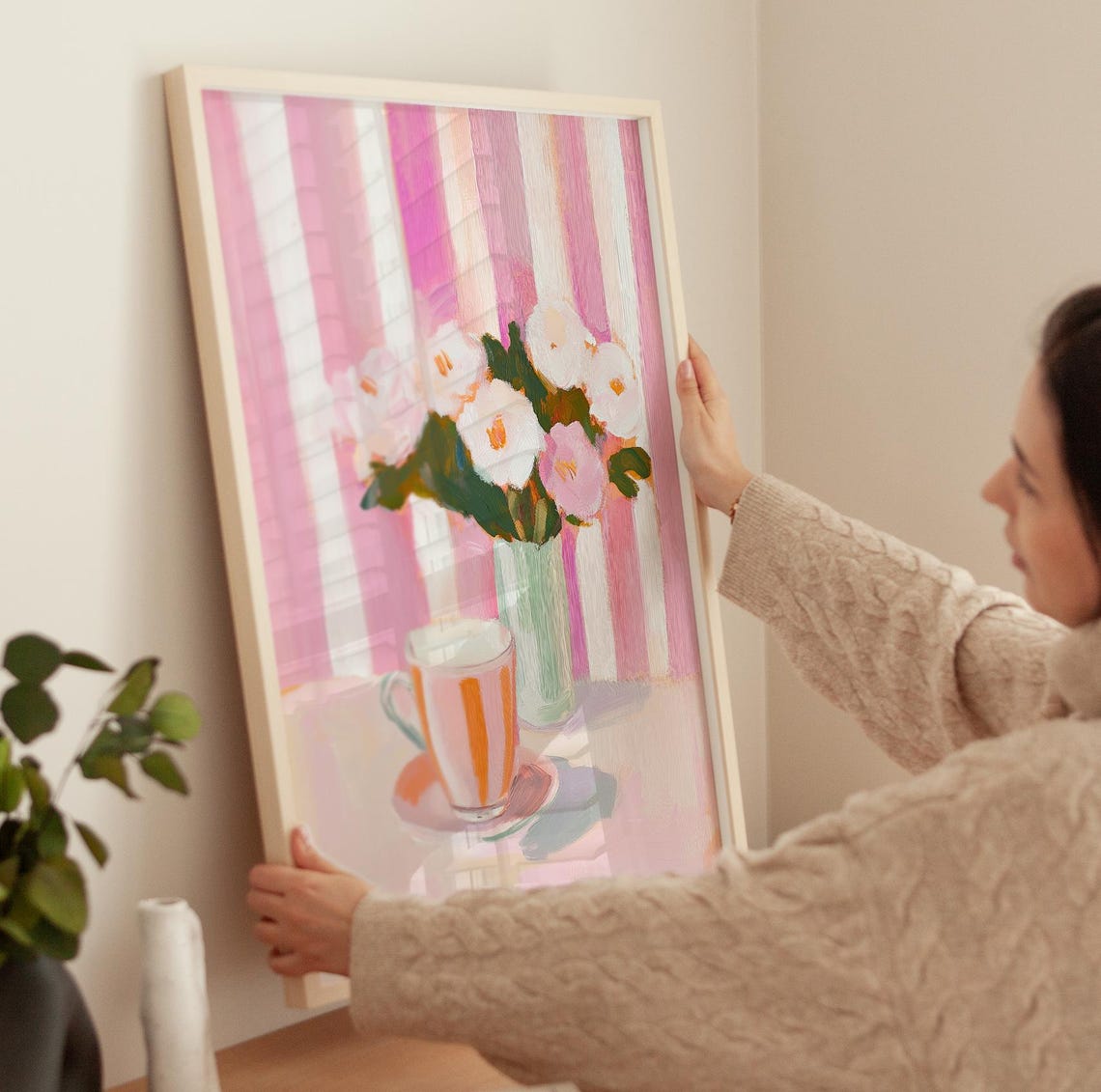 Pink Striped Teacup White Flowers Floral Still Life Art Poster - Image 3